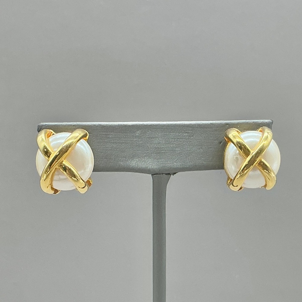 Nordstrom Earrings Women White Gold Tone Faux Pearl X Design Clip On Vintage